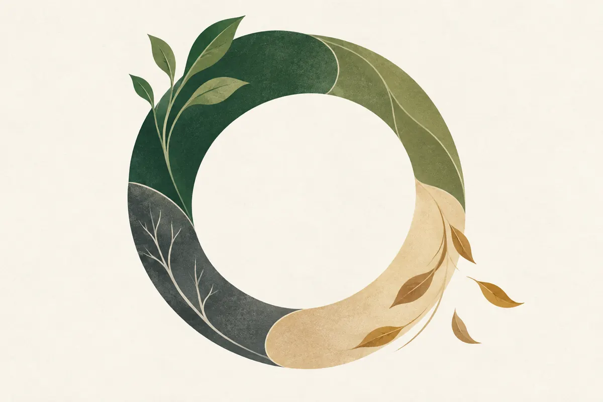 A ring divided into four seasonal arcs, with the green growing arc widest in spring and a sand-coloured shedding arc widest in early autumn