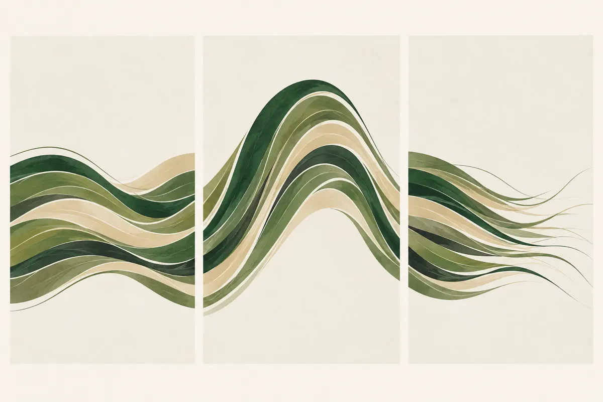 Three side-by-side panels of flowing lines in green and sand, one gently rising and falling, one with a single sharp wave, one slowly thinning
