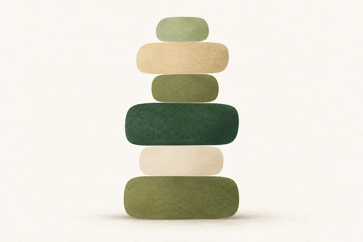 Six rounded blocks of different sizes and shades of green and sand stacked into a single column