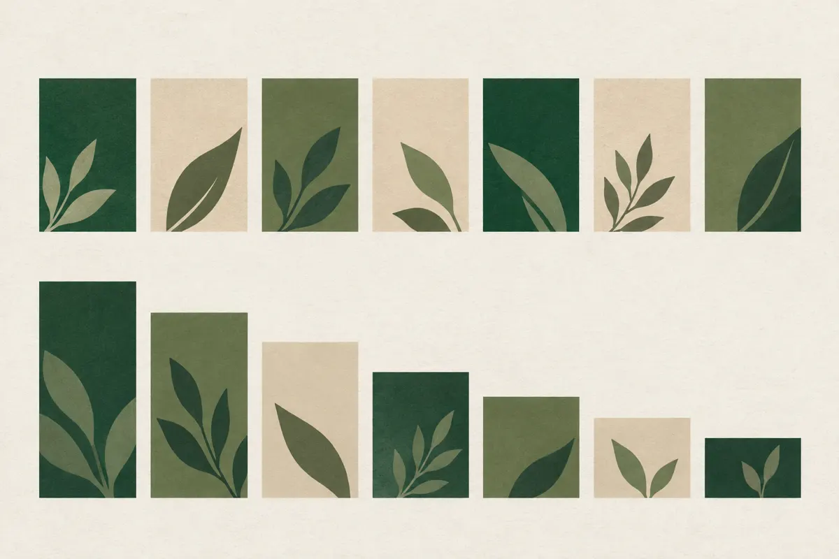 Two abstract bar rows in sand and green, one with even blocks across a year and one with tall blocks at the start followed by small ones