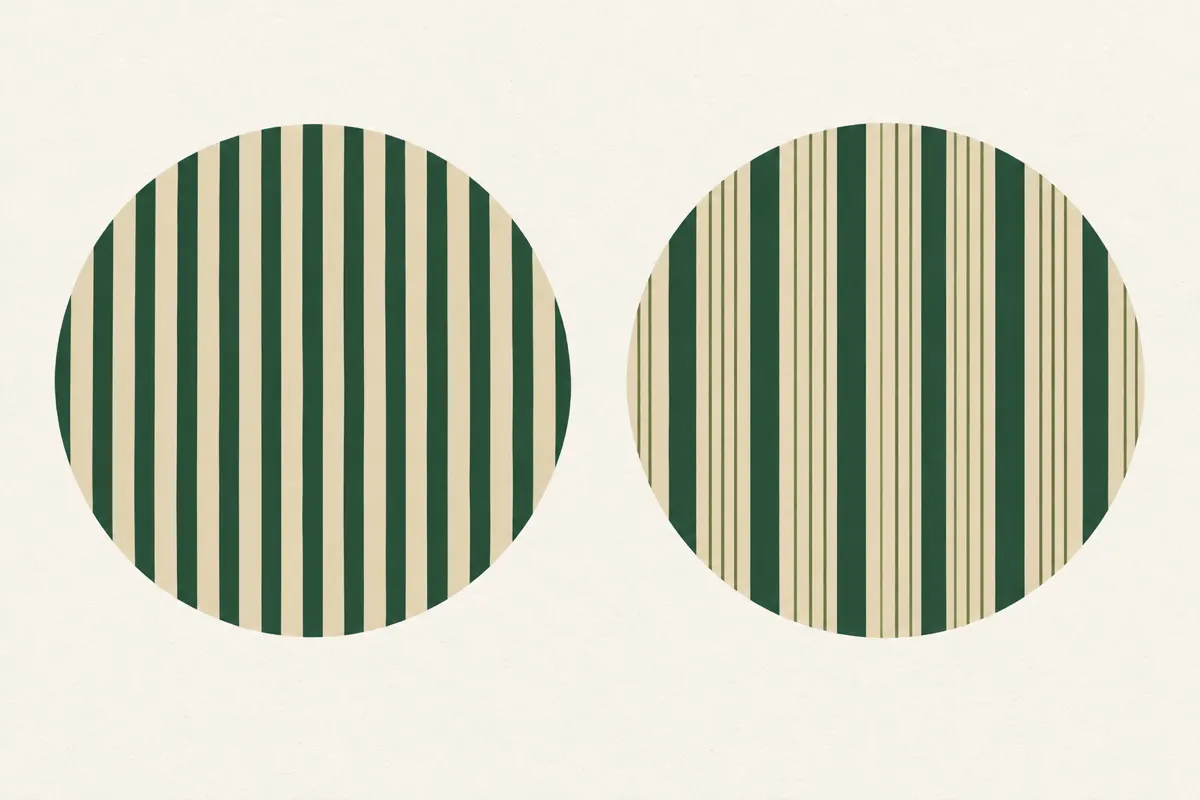 Two circles of parallel green lines, one with lines of even width and one with thick lines mixed with very thin ones