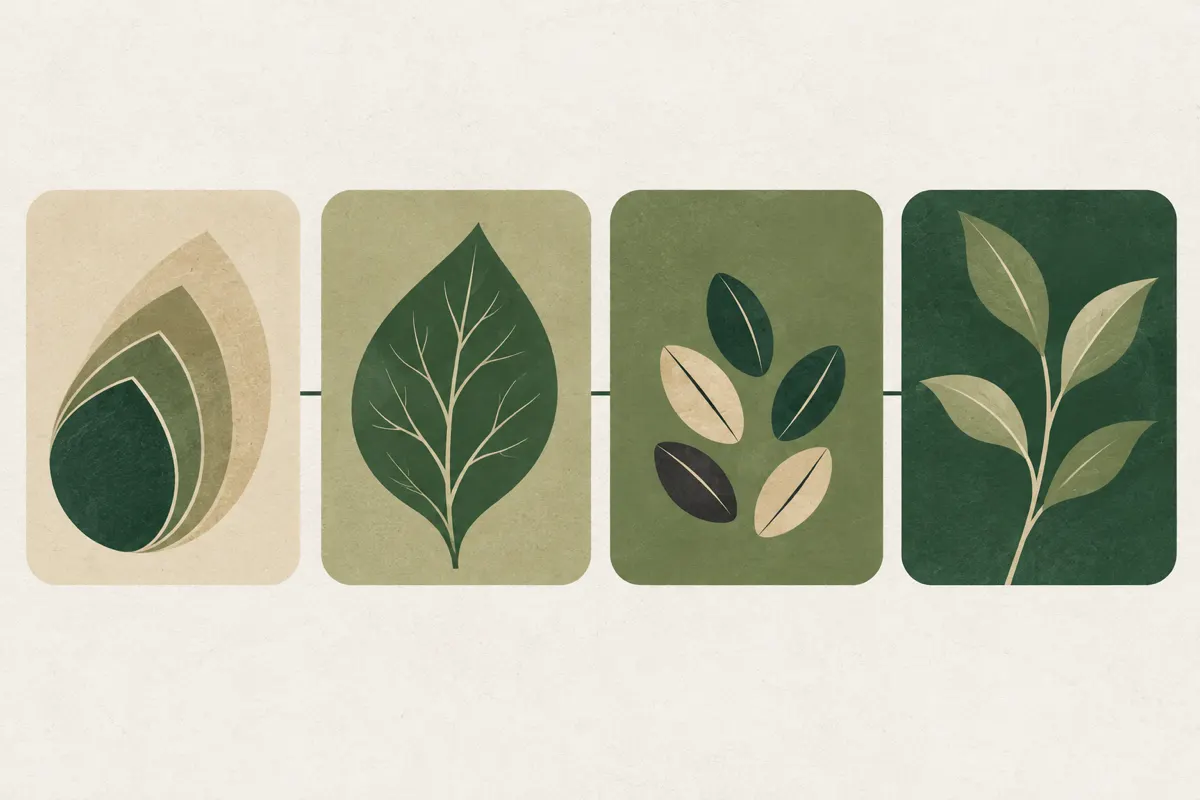 Four rounded sand-coloured tiles in a row, each a little greener than the last, standing for history, examination, tests and plan