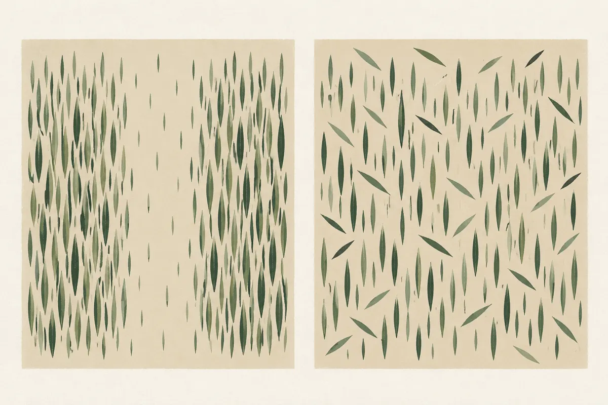 Two panels of green strokes, one thinning along a central line and one evenly spaced with loose strokes drifting across it