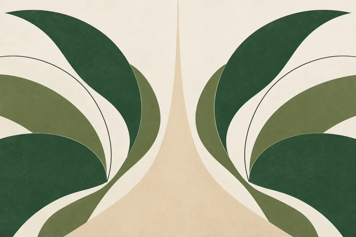 A soft sand-coloured central line that widens gradually from top to bottom against layered green curves