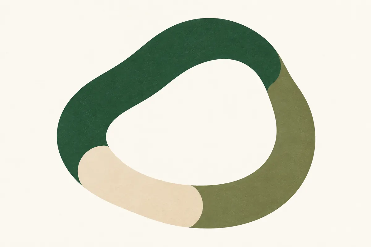 Three curved bands in forest green, olive and sand forming a loop that stands for the growing, resting and shedding phases of hair