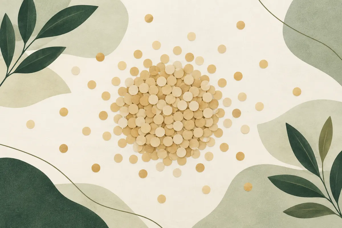 Small sand-coloured discs gathered densely in the centre of a pale field, with a few scattered towards the edges
