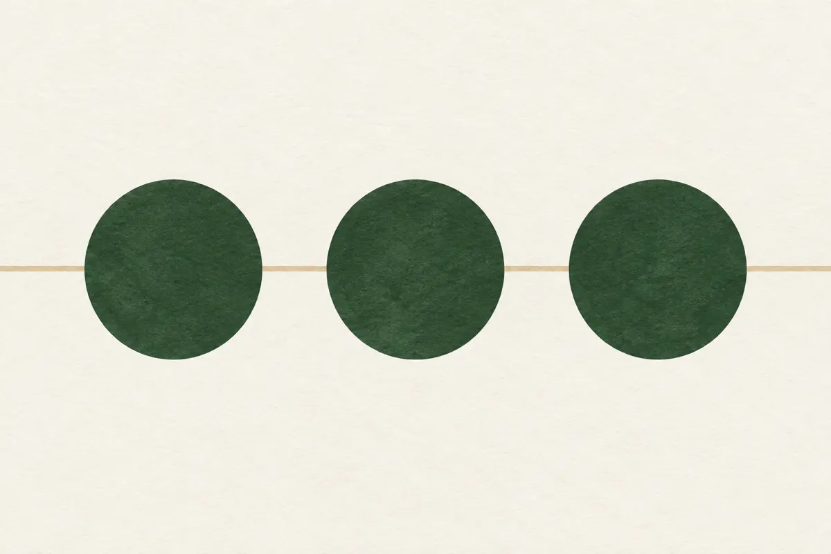 Three evenly spaced green circles linked by a thin sand-coloured line, standing for review points after a trip