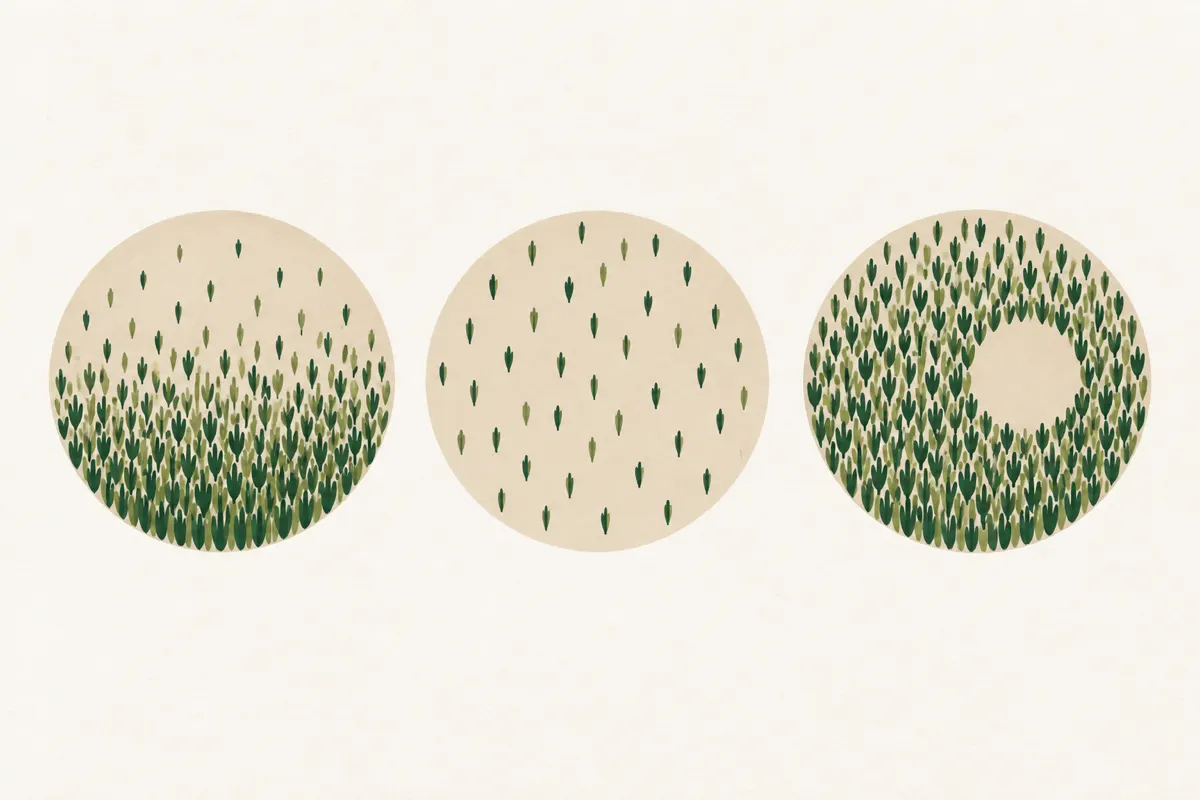 Three round fields of short green strokes: one thinning towards the top, one evenly sparse, one with a smooth round empty patch