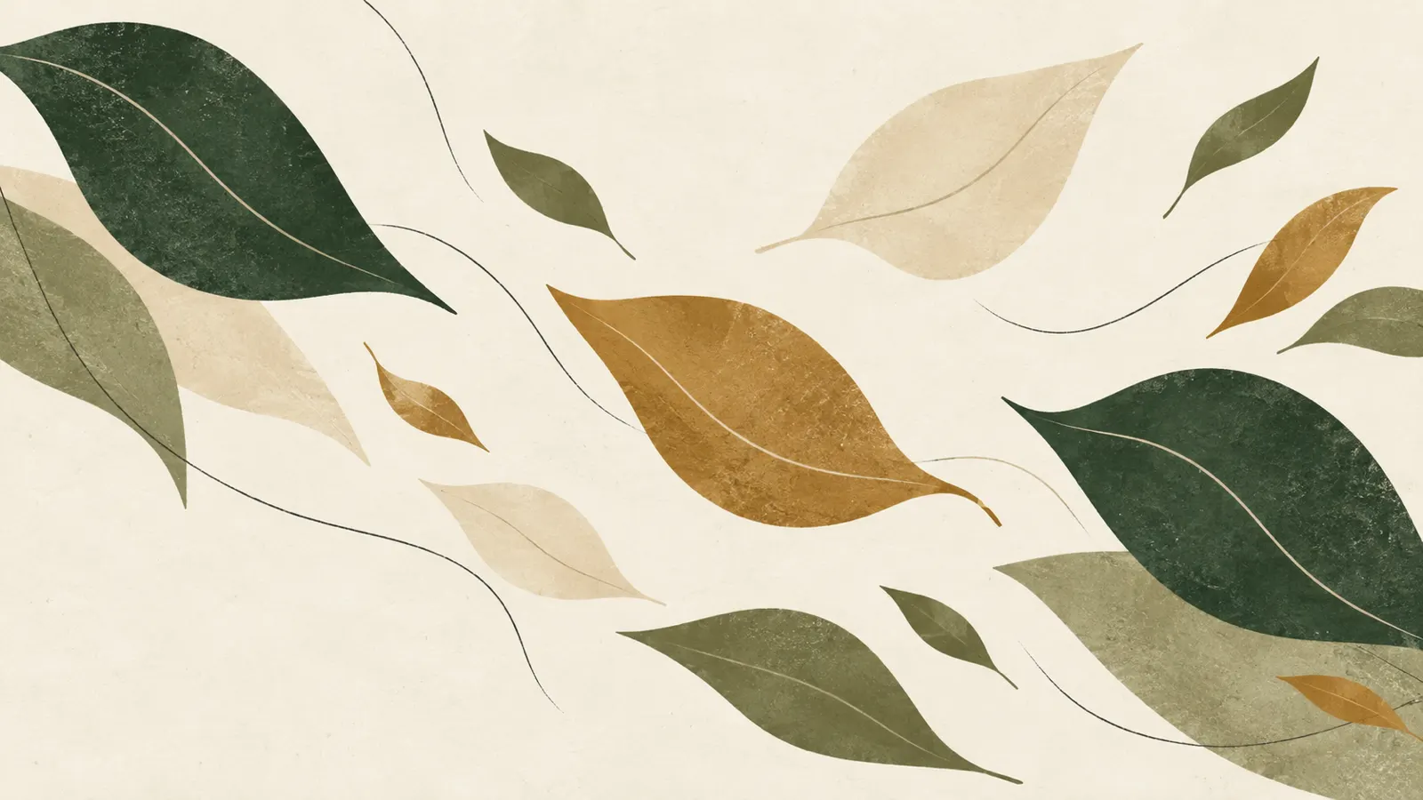 Leaf shapes in sand, ochre and green drifting across a pale background with fine curved lines
