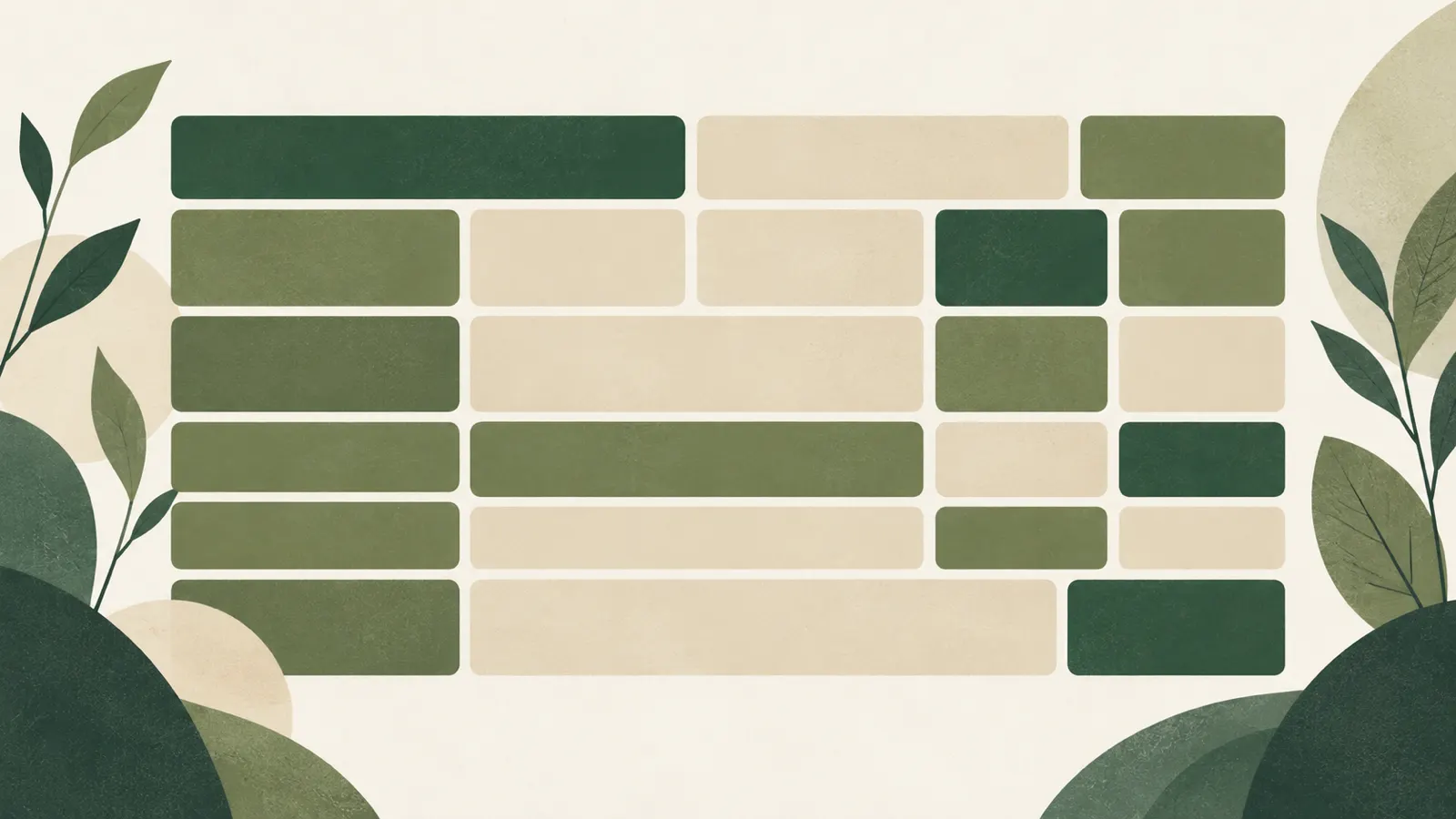 Rows of rounded tiles of different sizes in sand and green, arranged like a ledger