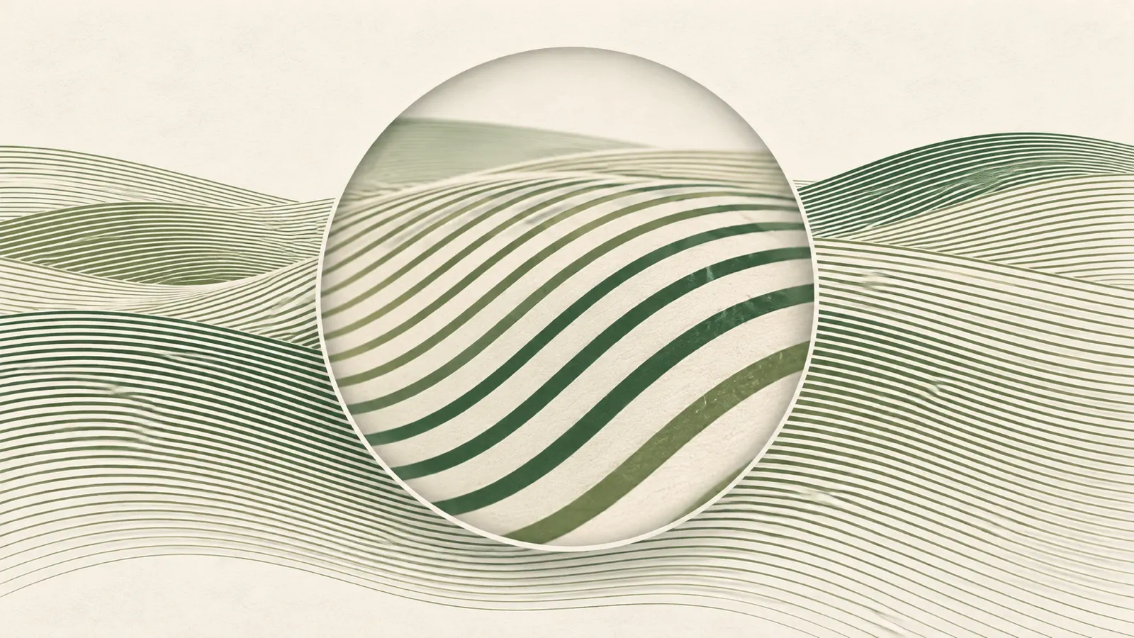 A circular lens shape magnifying a field of fine green lines on a sand background