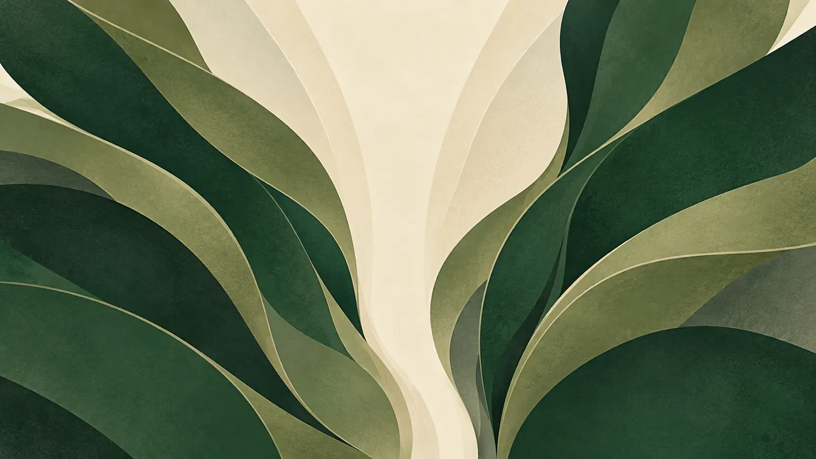 Flowing green ribbons parted by a soft central path of sand-coloured light