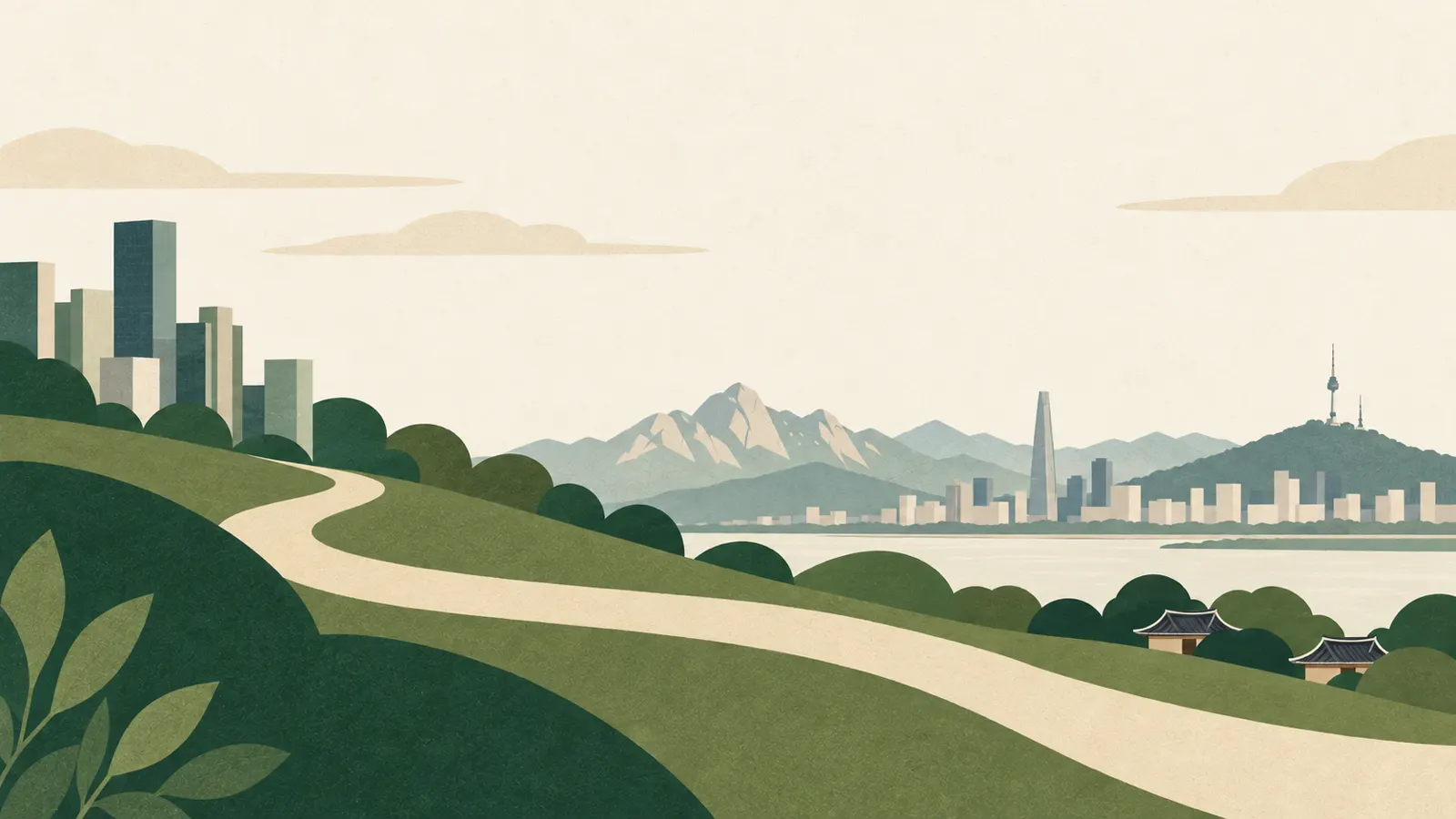 A path through green hills toward Seoul, with N Seoul Tower on Namsan and granite peaks behind the city