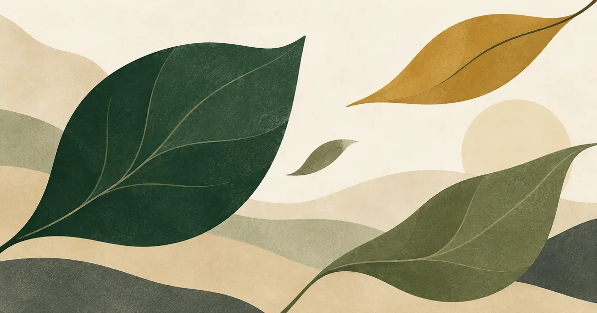 Large ochre and green leaf shapes drifting across a pale field