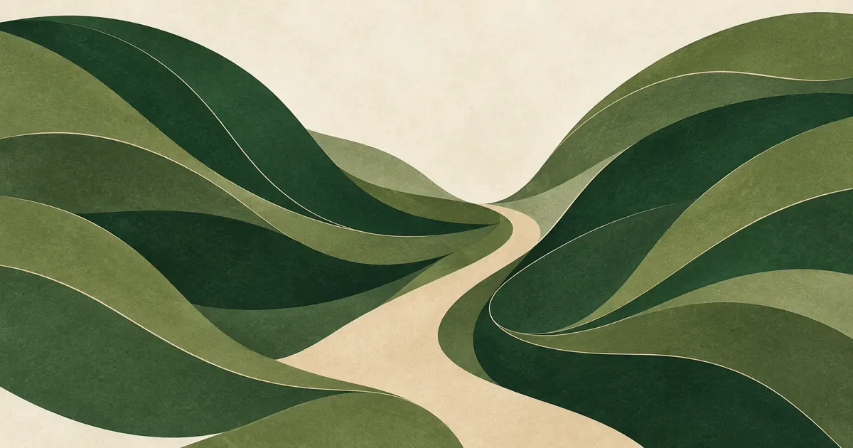 Two sweeps of green ribbons parted by a narrow path of light