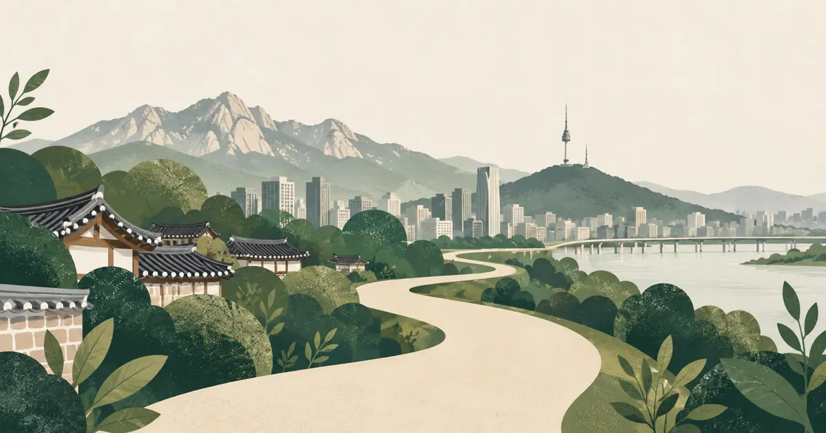 A winding path past hanok roofs toward the Seoul skyline, N Seoul Tower and the Han River