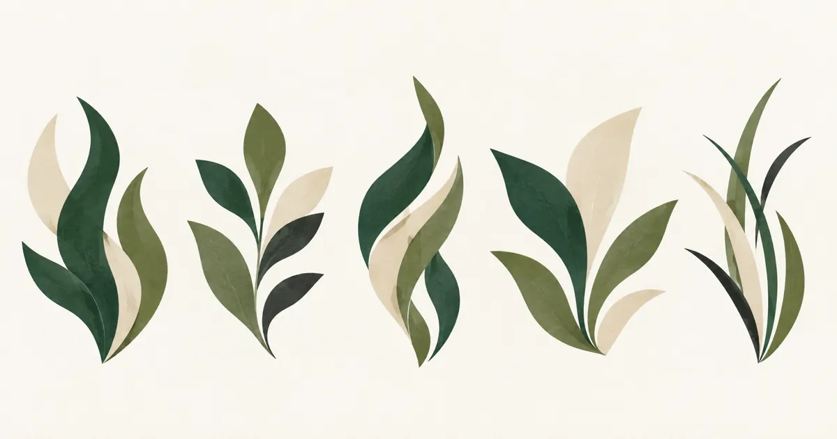 A row of five ribbon clusters in green and sand with different shapes